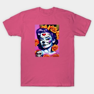 Retro sugar skull girl with orange roses T-Shirt